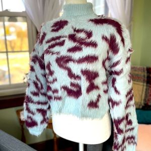 Lulu’s Wild Dreams Burgundy and Light Blue Print Fuzzy Cropped Sweater
